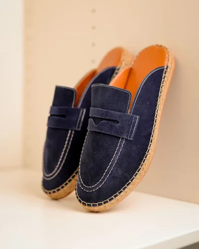 Bloom Hakiki Deri Lacivert Kauçuk taban terlik