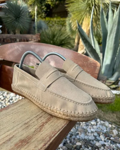 Lotus Erkek Suni Deri Bej Loafer Espadril
