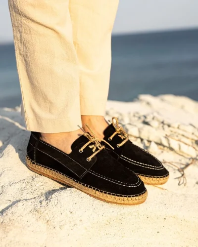 Fleur Hakiki Deri Siyah Bağcıklı Espadril