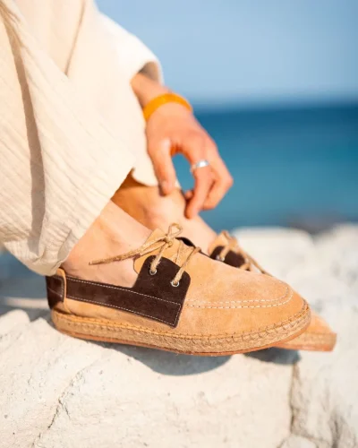 Fleur Hakiki Deri Bej Garnili Bağcıklı Espadril