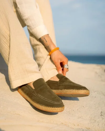 Rose Haki Hakiki Deri Süet Erkek Loafer ayakkabı espadril