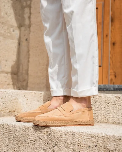 Rose Bej Hakiki Deri Süet Erkek Loafer ayakkabı espadril