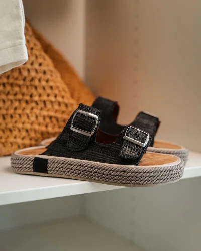 Francesco Siyah Çift Tokalı El Yapımı Natural Hasır Erkek Terlik
