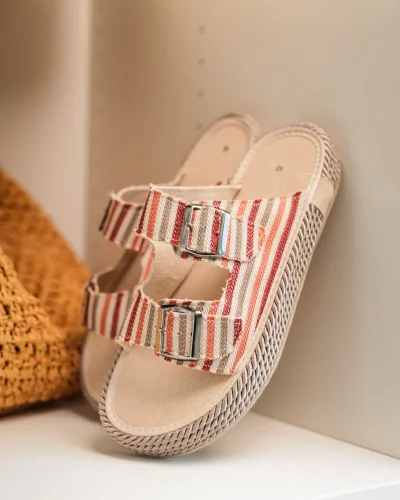 Francesco Çok Renkli Çift Tokalı El Yapımı Natural Hasır Erkek Terlik