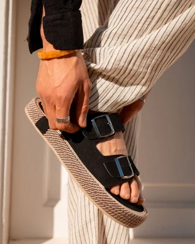 Francesco Siyah Süet Çift Tokalı El Yapımı Natural Hasır Erkek Terlik