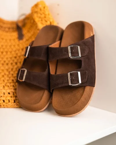 Lorenzo Acı Kahve Çift Tokalı Hafif Mantar Taban Erkek Terlik