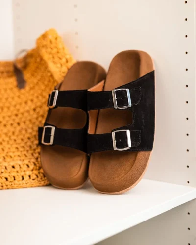 Lorenzo Siyah Çift Tokalı Hafif Mantar Taban Erkek Terlik