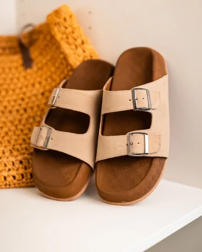 Lorenzo Bej Çift Tokalı Hafif Mantar Taban Erkek Terlik