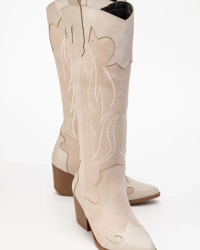 Valeria Kadın Bej Nakışlı Kovboy Western Dallas Çizme