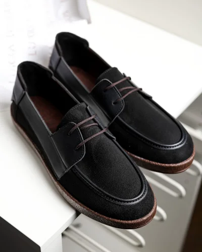 Rosa Erkek Siyah Süet Garnili Bağcıklı Loafer Günlük Casual Ayakkabı