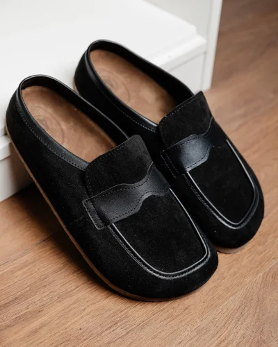 London Erkek Siyah Süet Garnili Sabo Loafer Terlik Ayakkabı