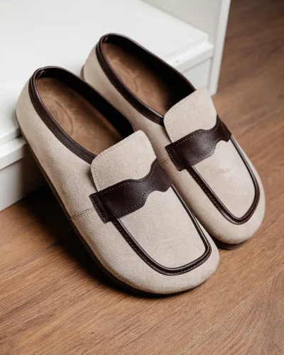 London Erkek Bej Süet Garnili Sabo Loafer Terlik Ayakkabı