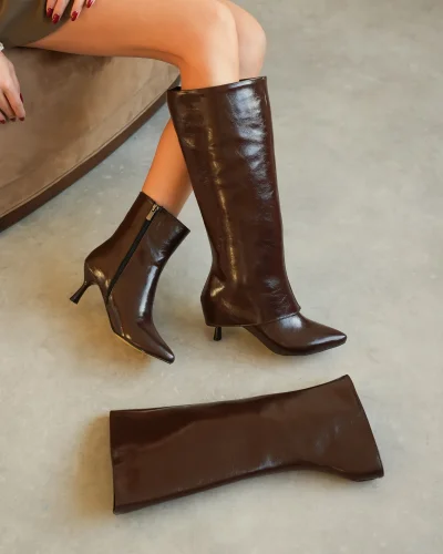 Tatum Kadın Kahve Kırışık Rugan 5cm Tak Çıkar Çizme