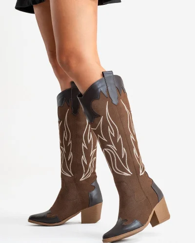 Valeria Kadın Acı Kahve Nakışlı Kovboy Western Dallas Çizme