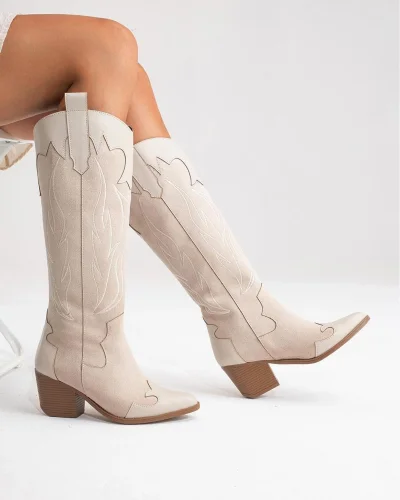 Valeria Kadın Bej Nakışlı Kovboy Western Dallas Çizme