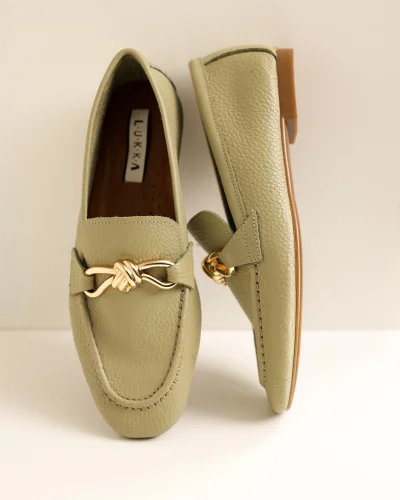Hakiki Deri Cameron Kadın Avokado Yeşil Metal Tokalı Loafer Babet