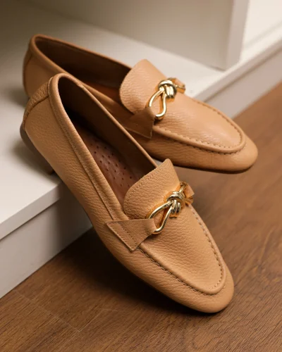 Hakiki Deri Cameron Kadın Nude Metal Tokalı Loafer Babet