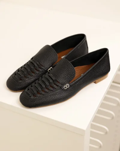 Hakiki Deri Kadın Alvin Siyah El yapımı Babet