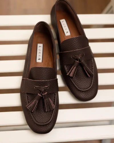 Hakiki Deri Kadın Adeen Acı Kahve Ponponlu El yapımı Babet