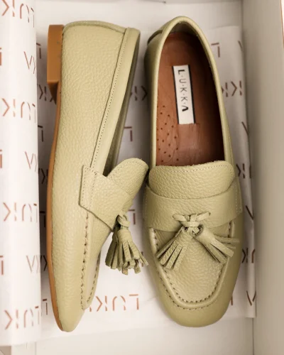 Hakiki Deri Kadın Adeen Avokado Ponponlu El yapımı Babet