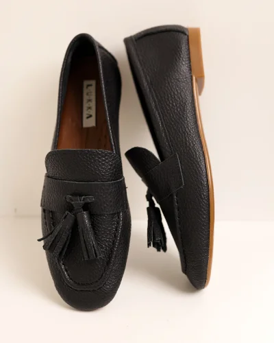 Hakiki Deri Kadın Siyah Adeen Ponponlu El yapımı Babet