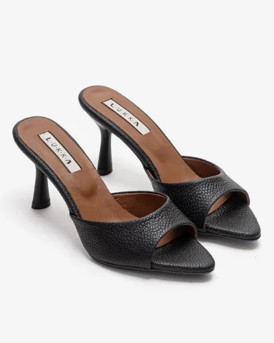 Hakiki Deri Aria Kadın Siyah Tek Yüz Topuklu Terlik