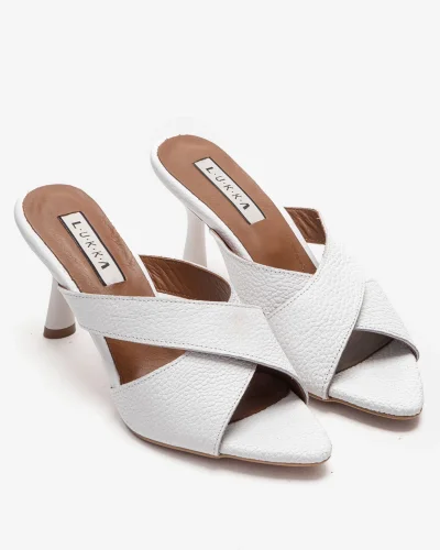 Hakiki Deri Mila Kadın Beyaz Çapraz Topuklu Terlik