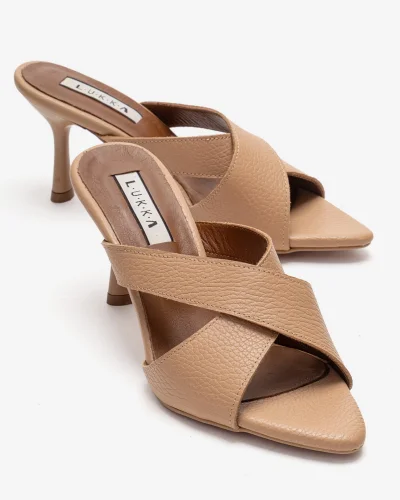 Hakiki Deri Mila Kadın Nude Çapraz Topuklu Terlik