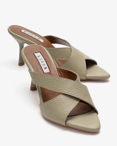 Hakiki Deri Mila Kadın Avakado Çapraz Topuklu Terlik