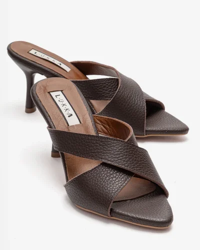 Hakiki Deri Mila Kadın Acı Kahve Çapraz Topuklu Terlik