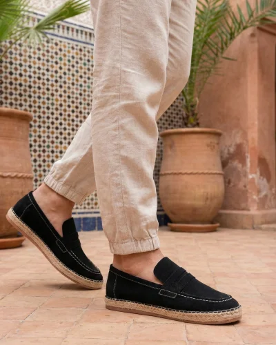 Lotus Erkek Suni Deri Siyah Loafer Espadril