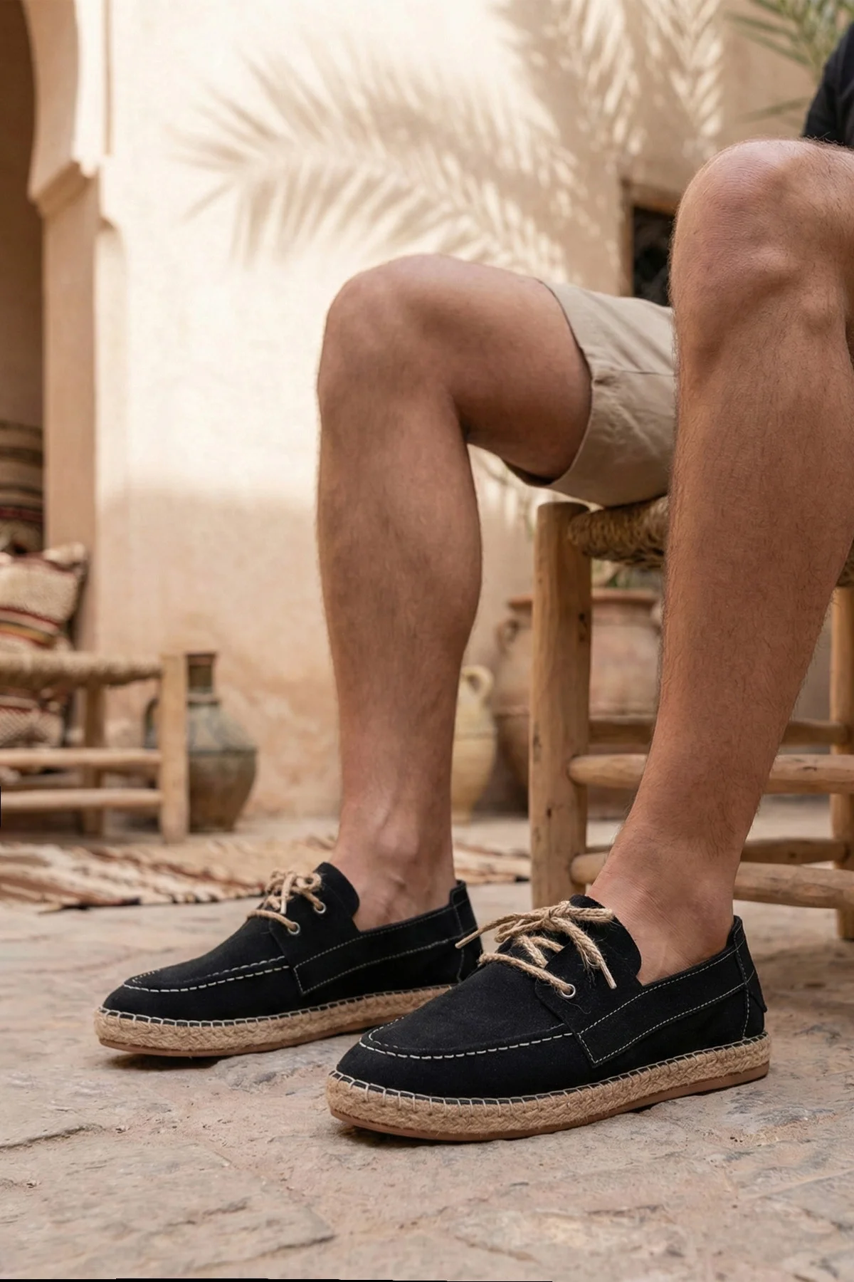 Sahra Erkek Suni Deri Siyah Bağcıklı Espadril