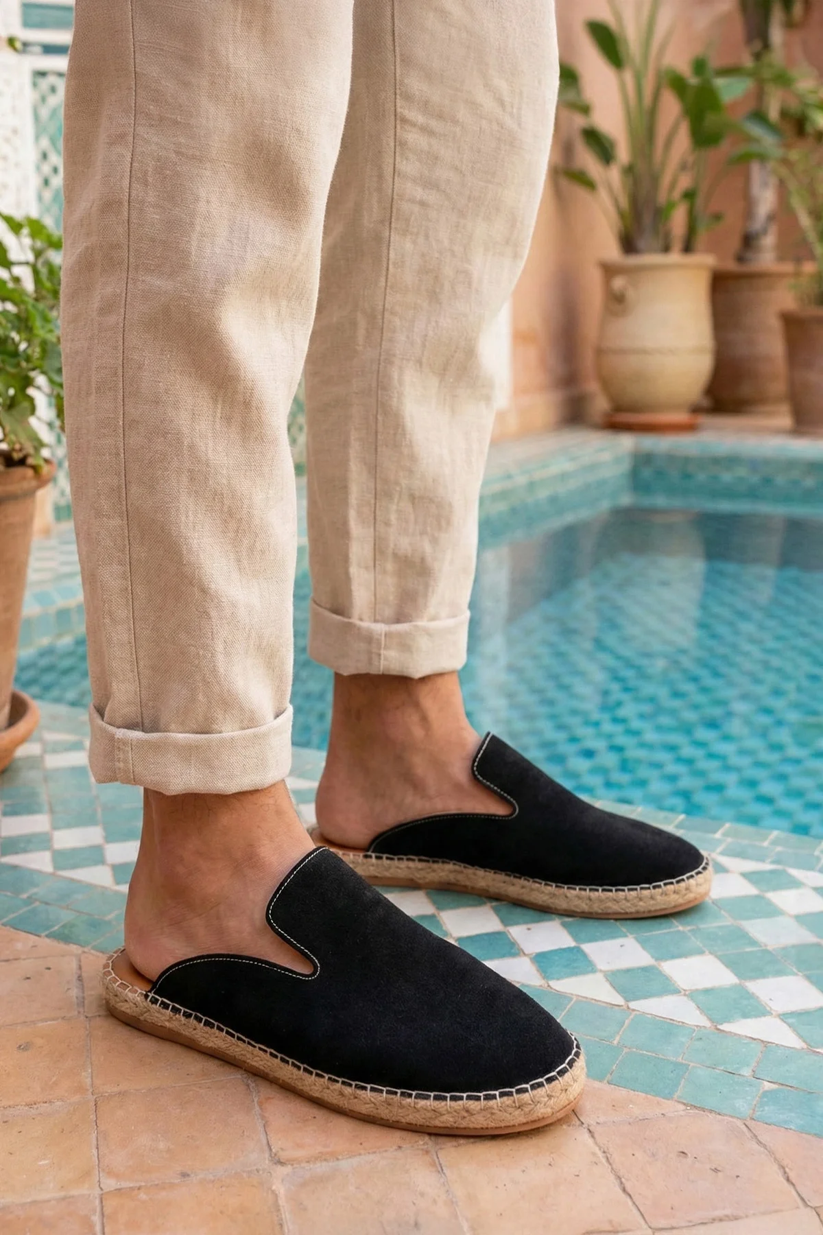 Fency Erkek Deri Tozu Siyah El yapımı Düz Terlik