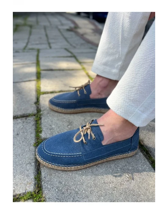 Sahra Erkek Suni Deri Mavi Bağcıklı Espadril