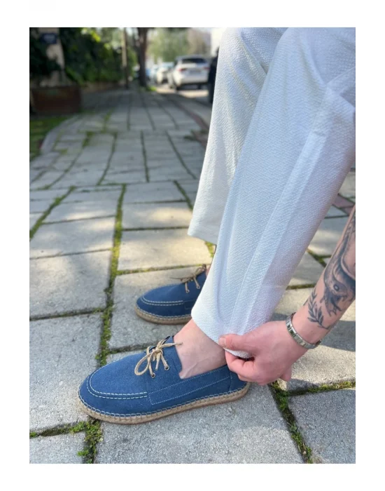 Sahra Erkek Suni Deri Mavi Bağcıklı Espadril