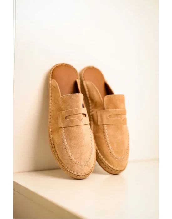 Bloom Hakiki Deri Bej Kauçuk taban terlik