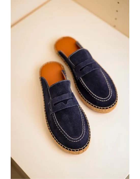 Bloom Hakiki Deri Lacivert Kauçuk taban terlik