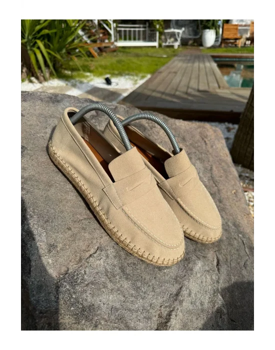 Lotus Erkek Suni Deri Bej Loafer Espadril