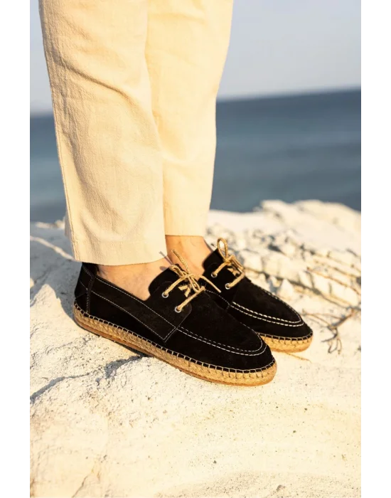 Fleur Hakiki Deri Siyah Bağcıklı Espadril