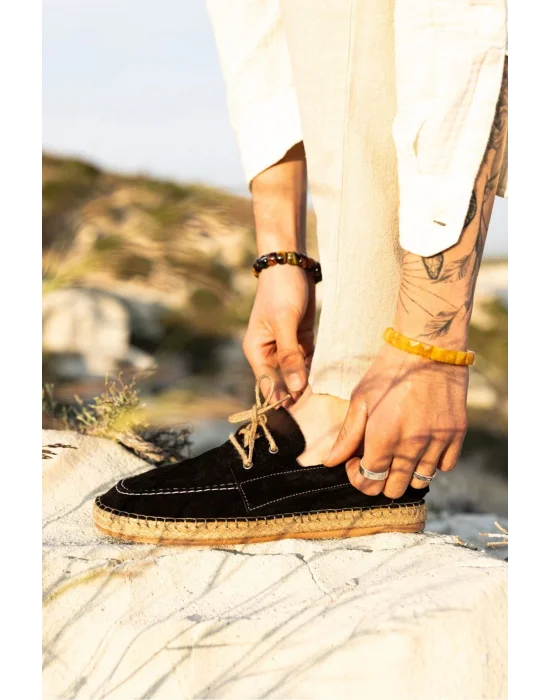 Fleur Hakiki Deri Siyah Bağcıklı Espadril