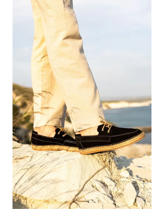 Fleur Hakiki Deri Siyah Bağcıklı Espadril