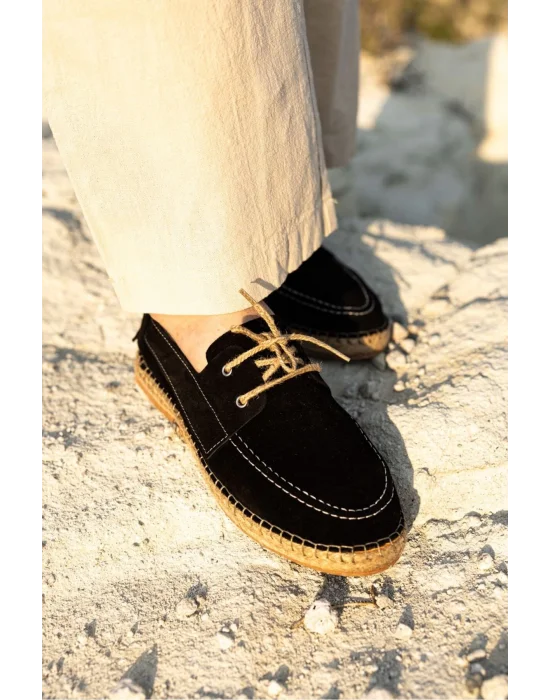 Fleur Hakiki Deri Siyah Bağcıklı Espadril