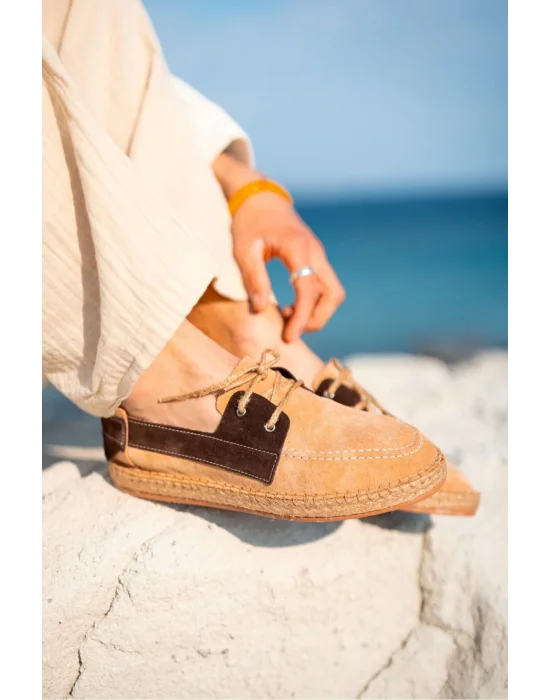 Fleur Hakiki Deri Bej Garnili Bağcıklı Espadril