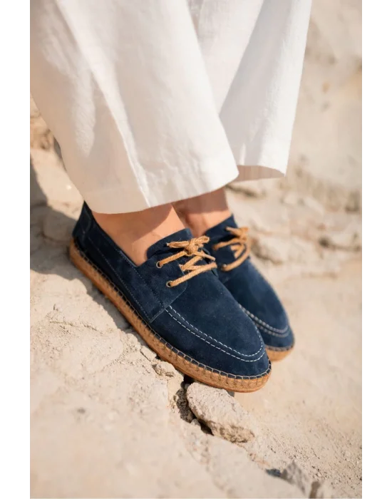 Fleur Hakiki Deri Lacivert Bağcıklı Espadril