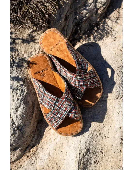 Zeta Kırmızı Çizgili Çapraz Keten Erkek Terlik