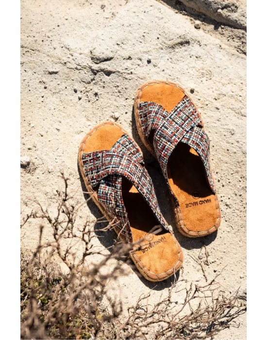 Zeta Kırmızı Çizgili Çapraz Keten Erkek Terlik