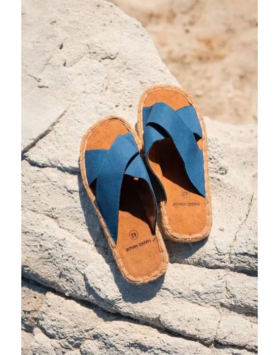 Zeta Mavi Çapraz Keten Erkek Terlik