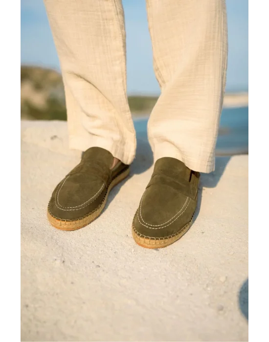 Rose Haki Hakiki Deri Süet Erkek Loafer ayakkabı espadril