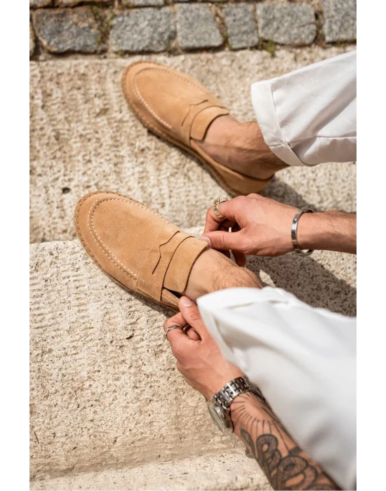 Rose Bej Hakiki Deri Süet Erkek Loafer ayakkabı espadril