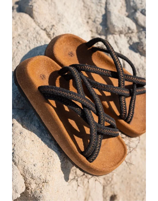 Maya Erkek Siyah Pamuk İp Halat sandalet